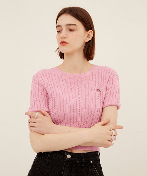 KIRSH SMALL CHERRY CABLE CROP SHORT SLEEVE KNIT [PINK] – Get Your